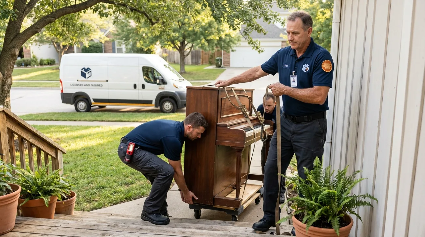 Licensed piano movers securing grand piano in Crow Agency, MT