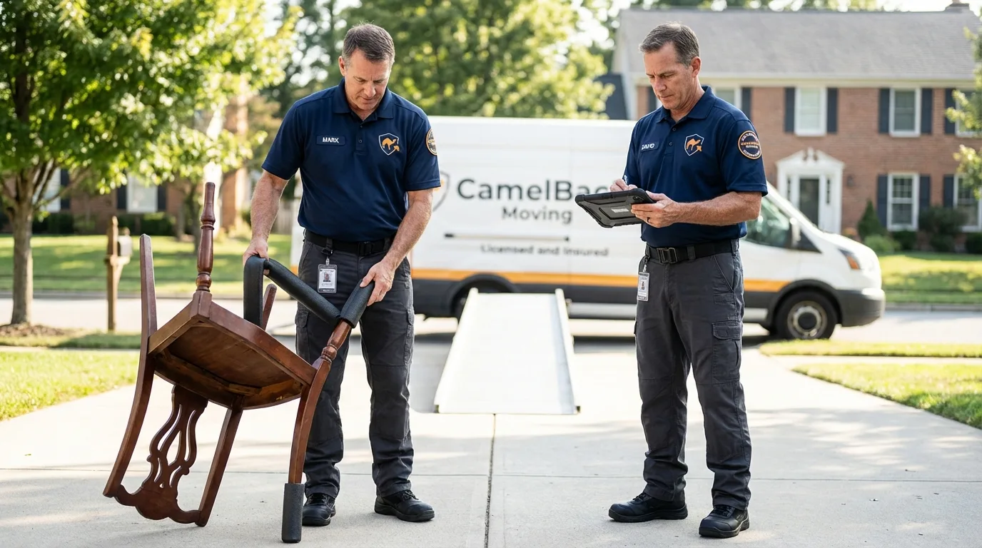 Movers inspecting furniture for damage prevention before loading in Crow Agency, MT