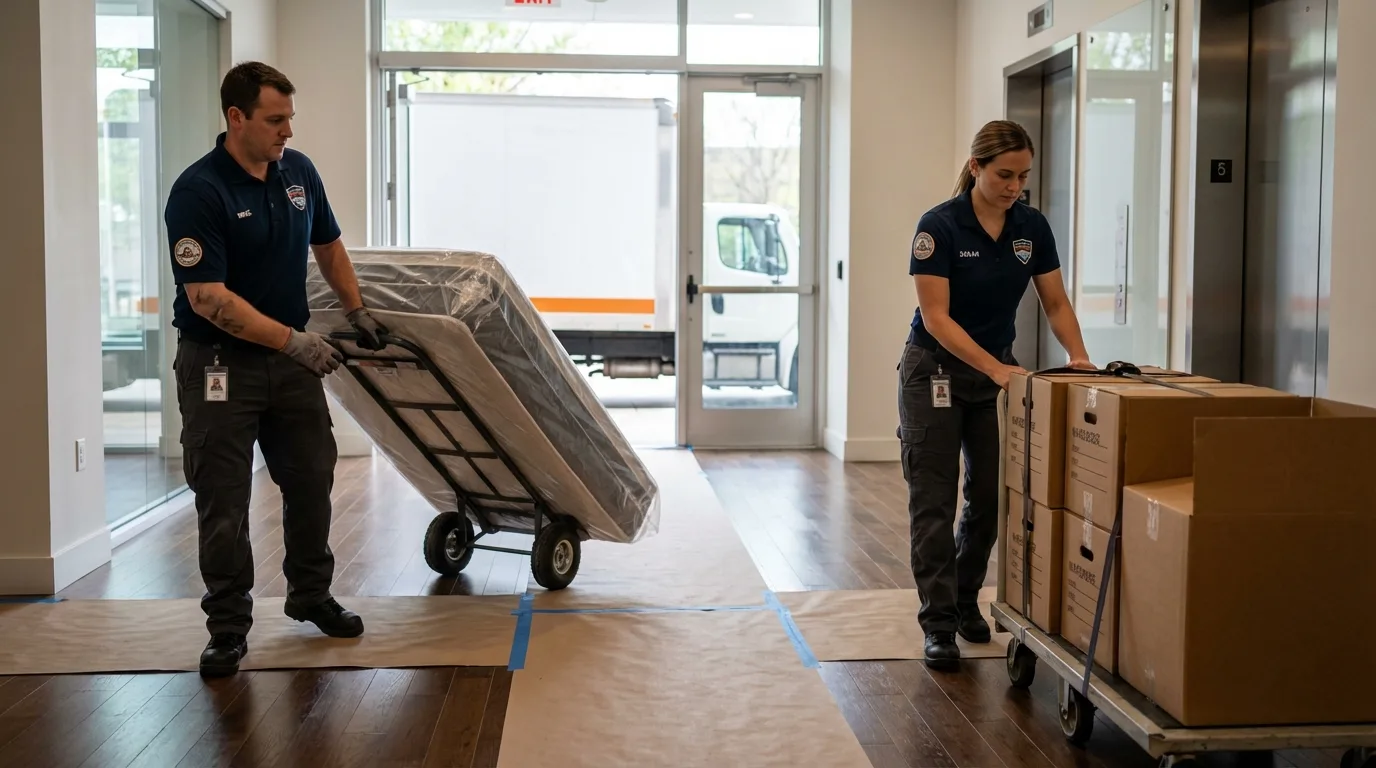 Professional apartment movers loading elevator in Crow Agency, MT